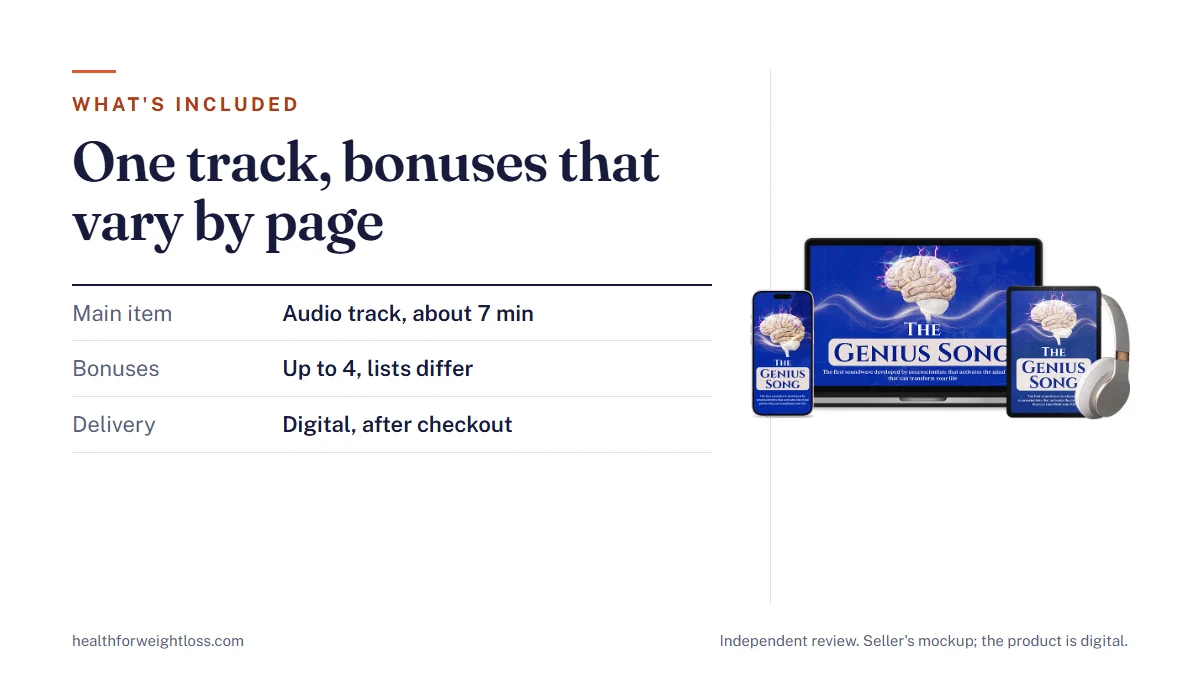 What's included in The Genius Song: one short audio track, bonuses that differ between the seller's pages, and digital delivery after checkout
